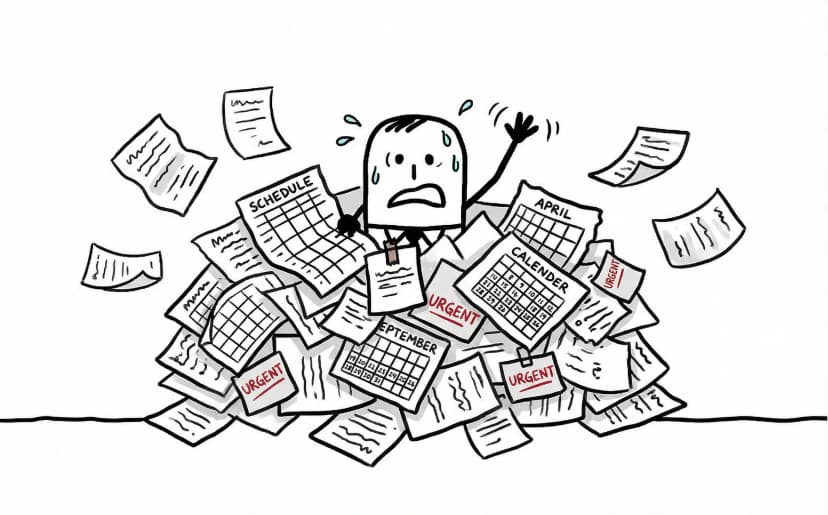 Stick figure drowning in a pile of schedules and paperwork